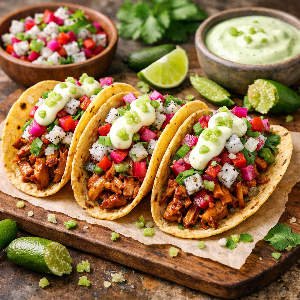 Jackfruit Tacos with Finger Lime Crema & Dragonfruit Salsa