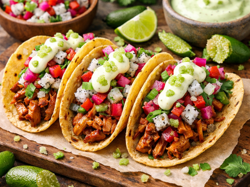 Jackfruit Tacos with Finger Lime Crema & Dragonfruit&nbsp;Salsa