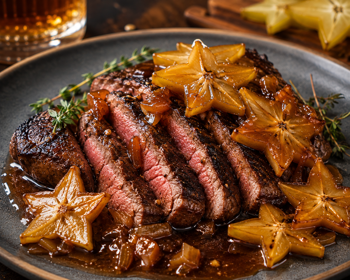 Pan-Seared Steak with Caramelized Star Fruit Bourbon Sauce