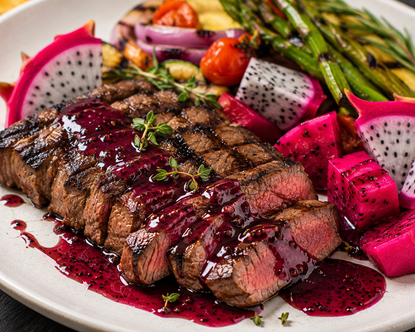 Grilled Steak with Dragonfruit Balsamic Reduction