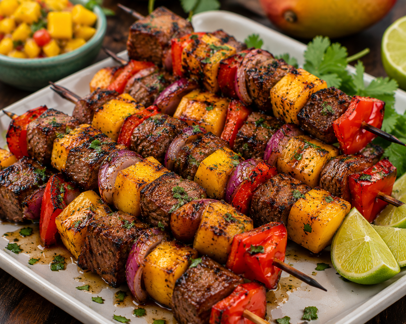 Caribbean Mango Steak Skewers