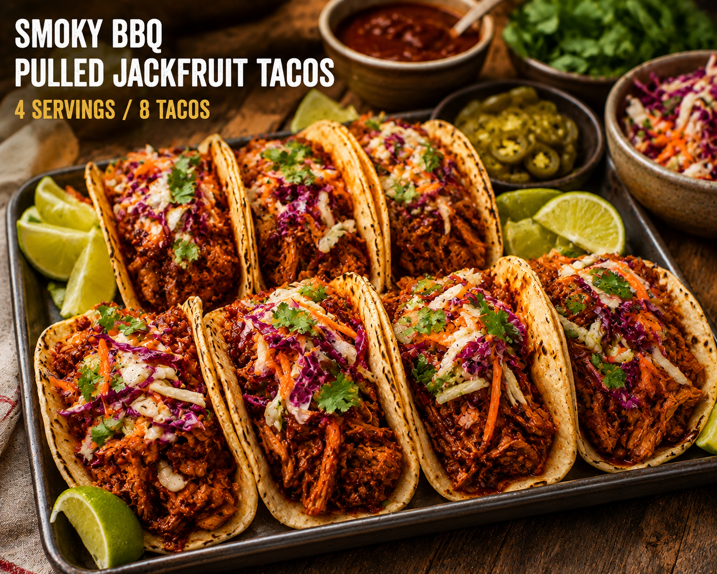 Smoky BBQ Pulled Jackfruit Tacos (4 servings / 8 tacos)
