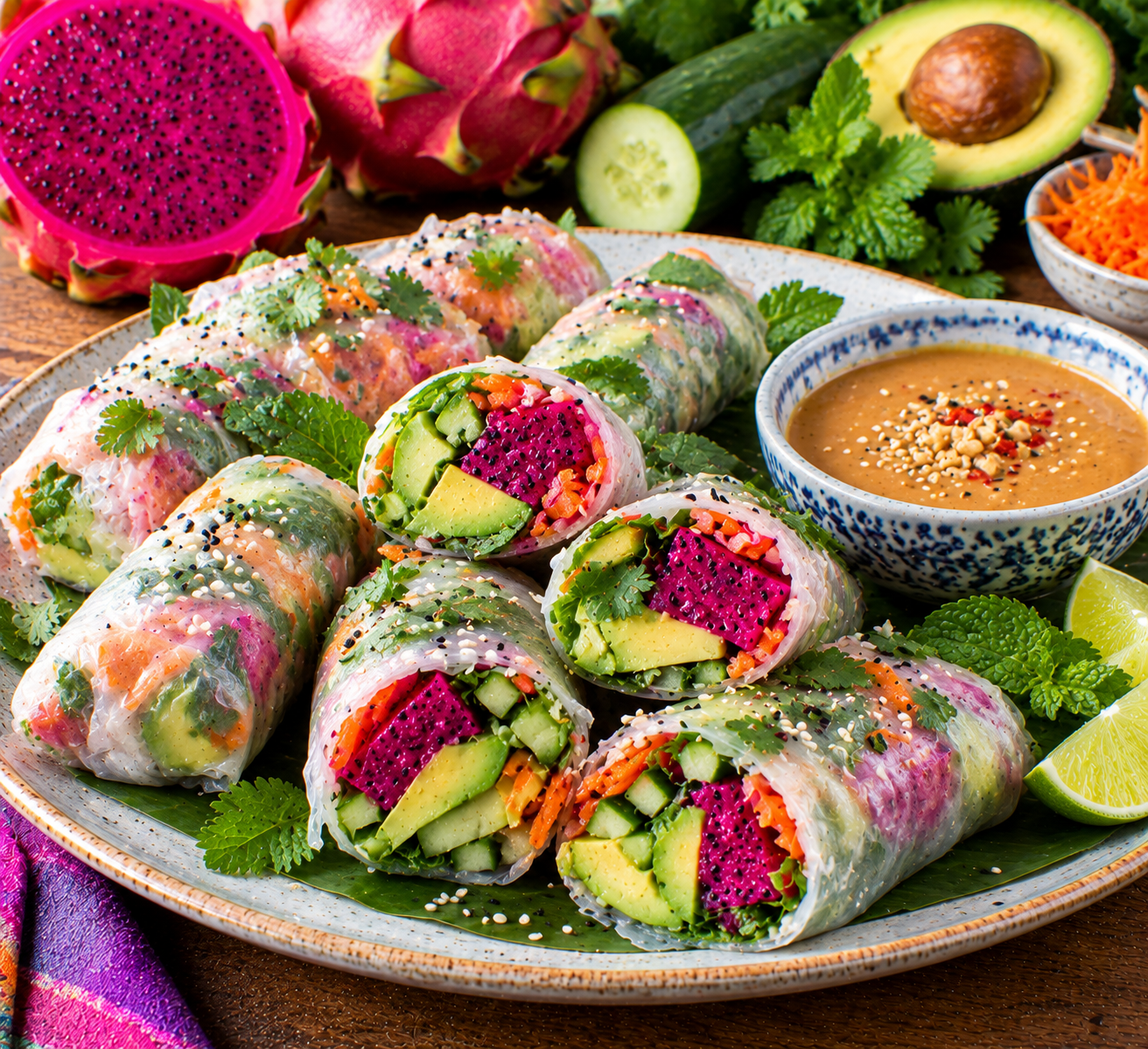 Dragonfruit, Avocado & Cucumber Summer Rolls