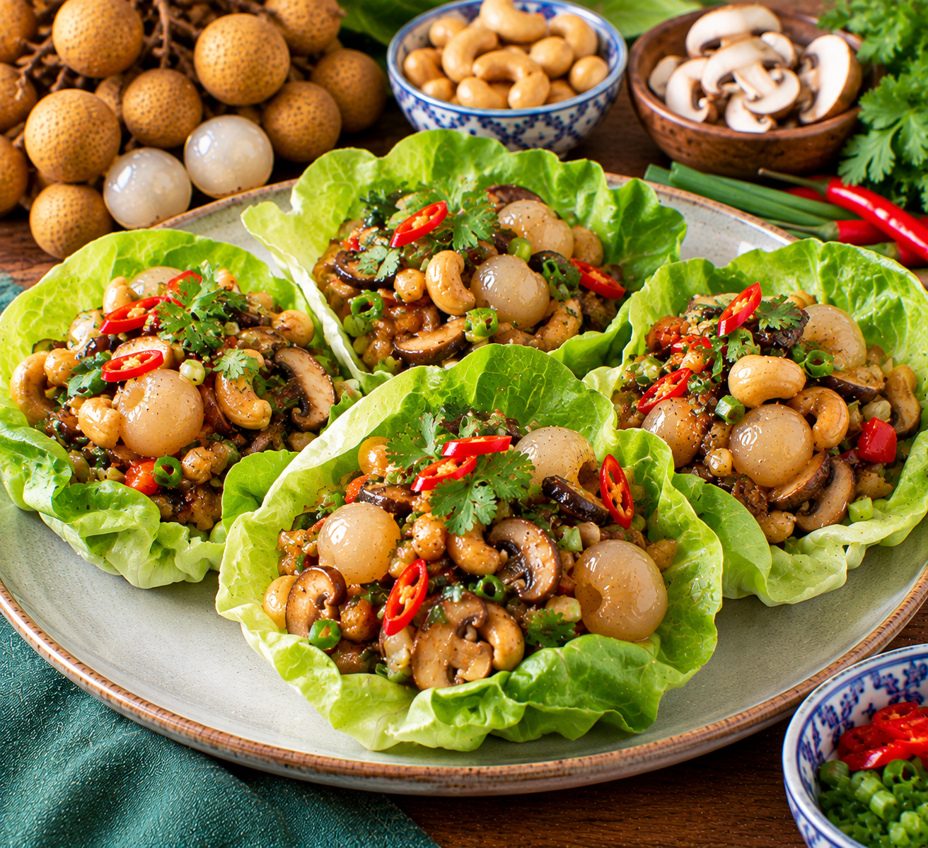 Longan, Mushroom and Cashew Lettuce Cups