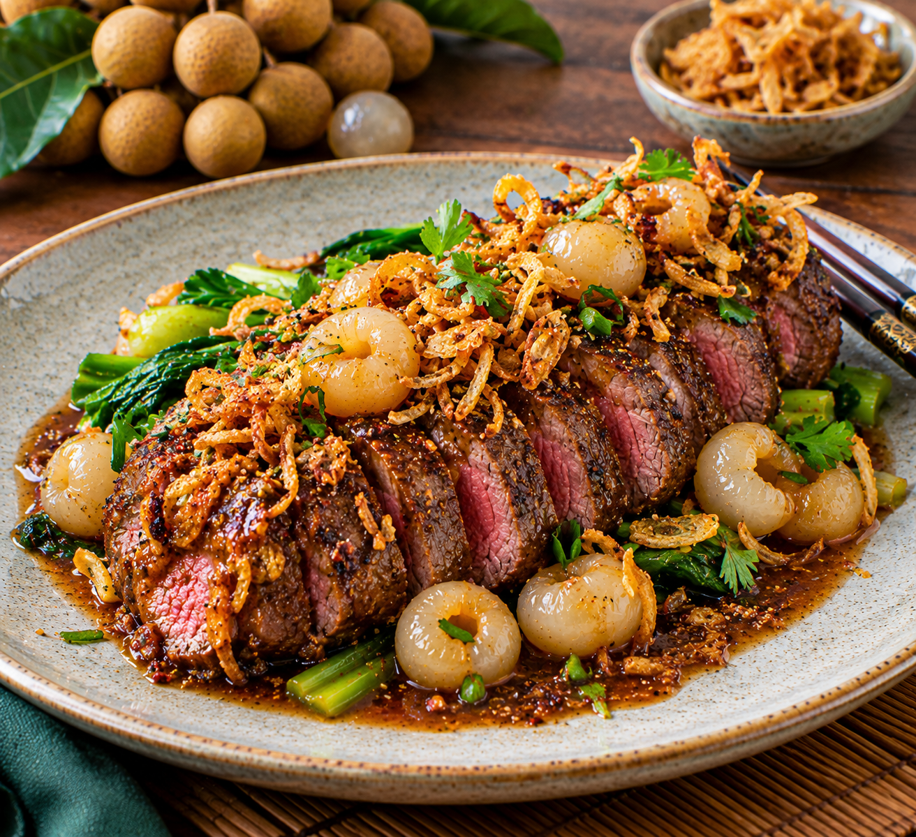 Longan Five-Spice Beef Tenderloin with Crispy Shallots