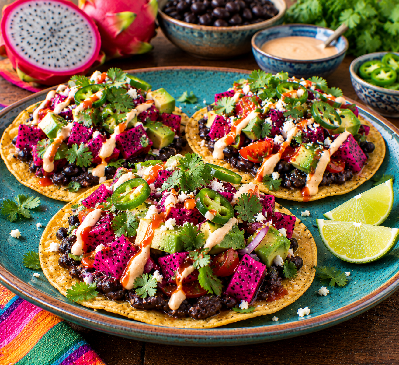 Spicy Dragonfruit Black Bean Tostadas