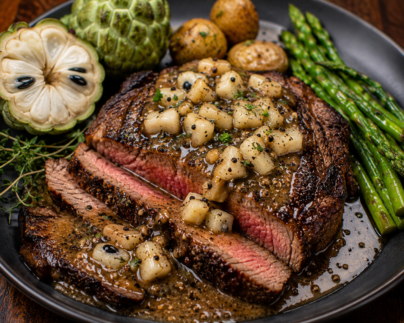 Ribeye Steak with Sugar Apple–Black Pepper Pan Sauce