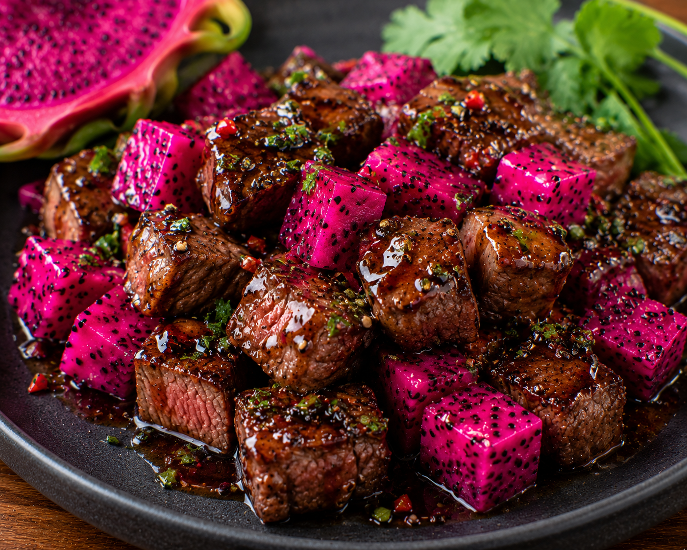 Dragonfruit-Balsamic Glazed Steak Bites