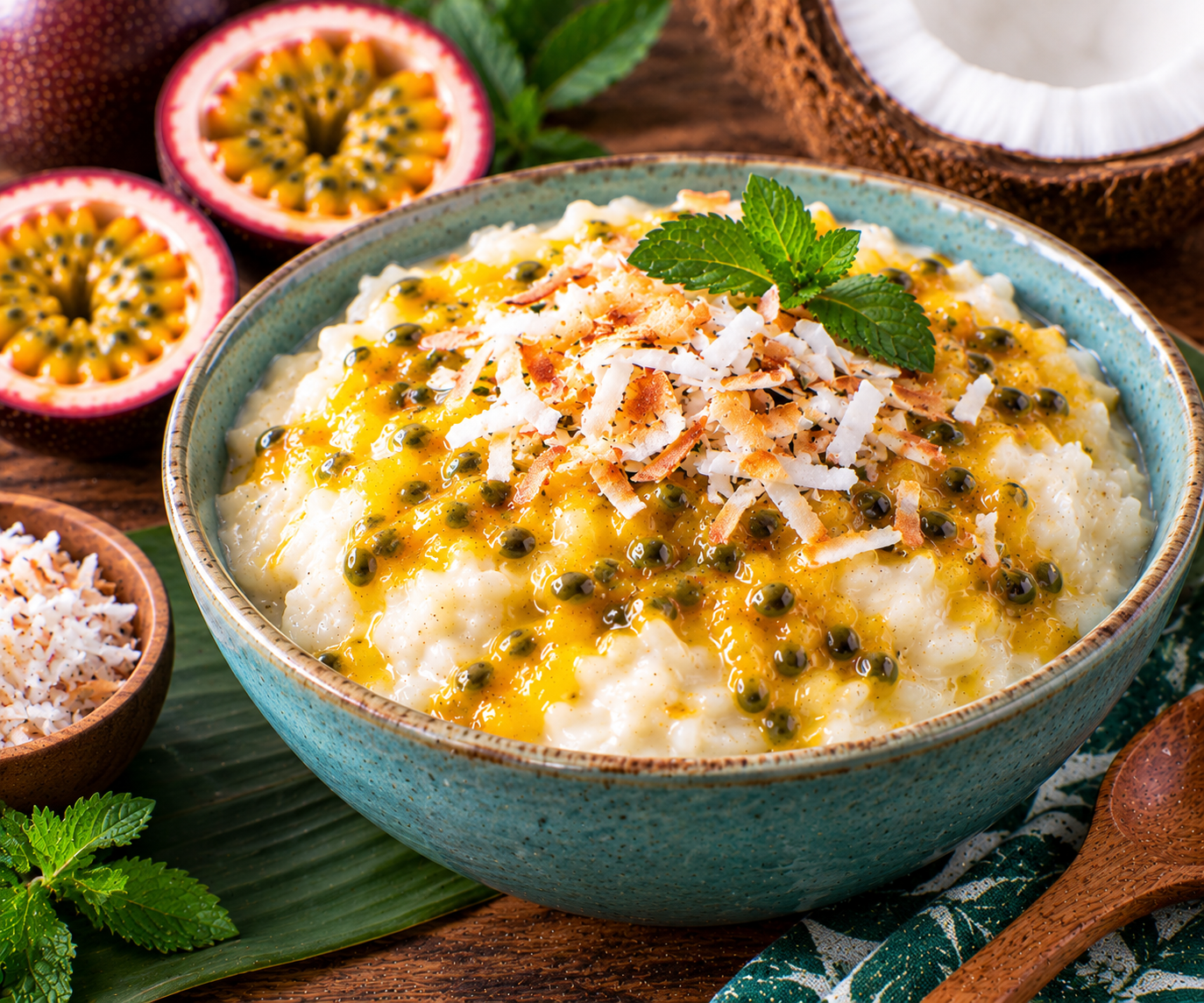 Creamy Passion Fruit Coconut Rice Pudding