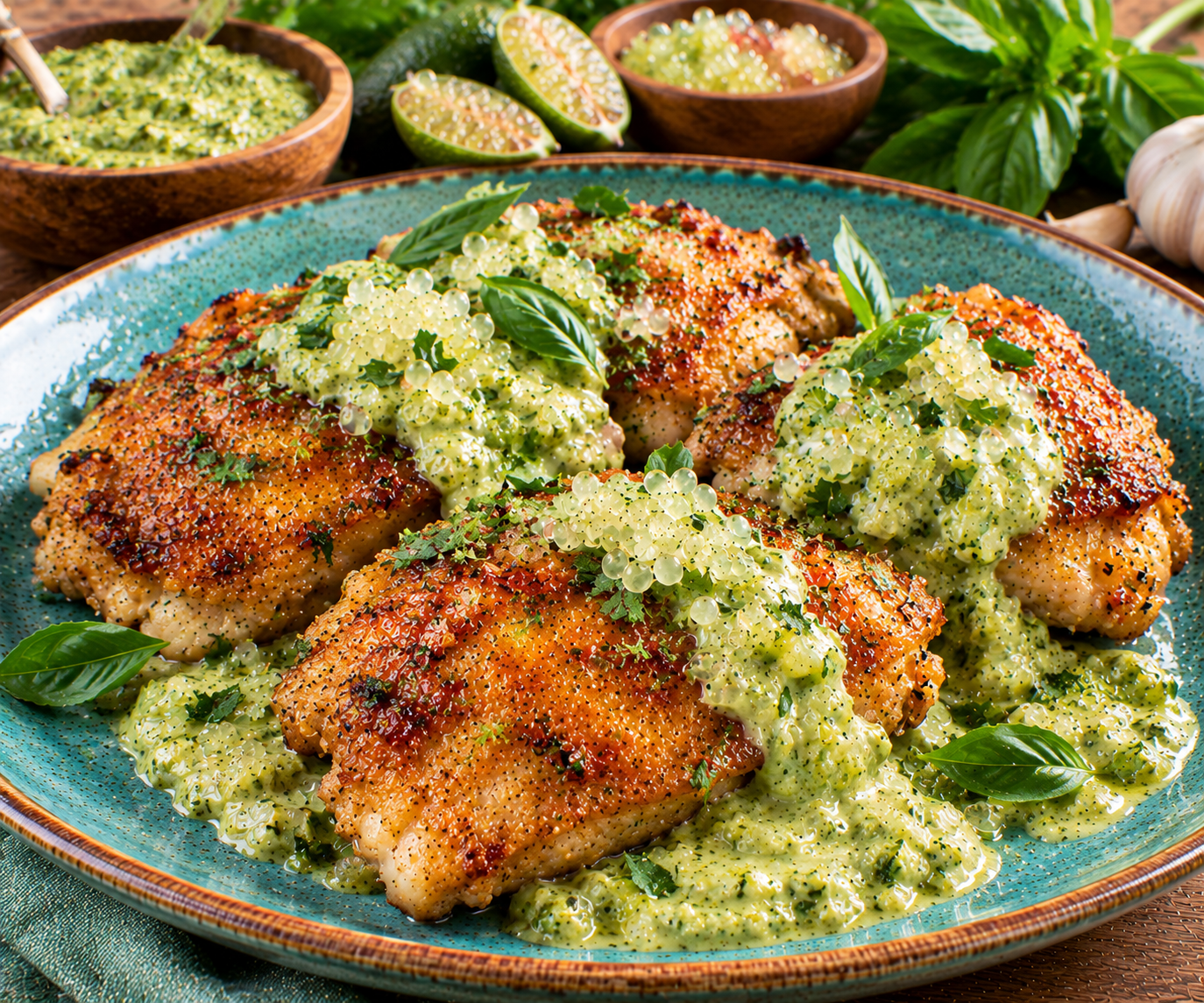 Crispy Chicken Thighs with Finger Lime Pesto Cream