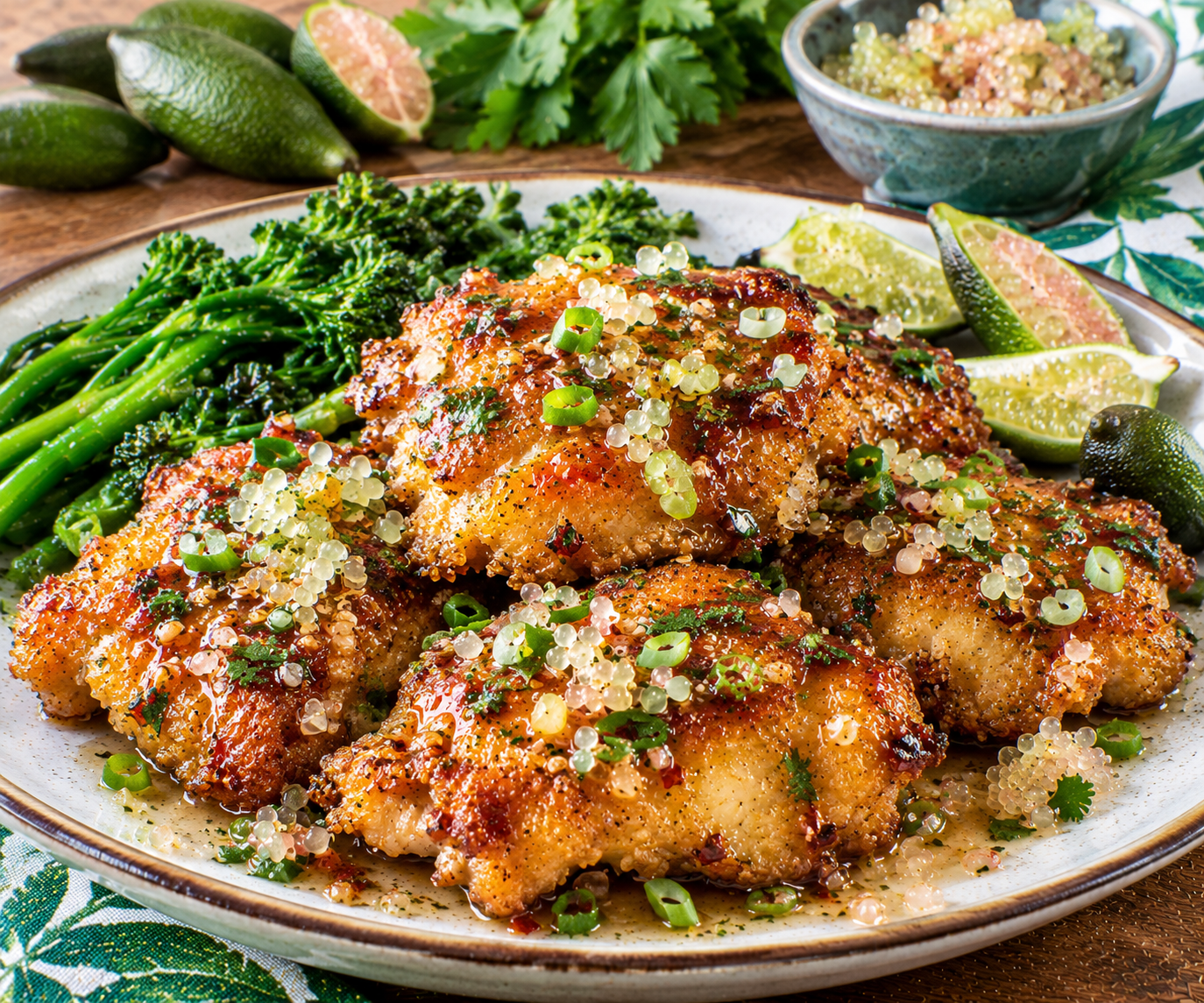 Crispy Chicken with Finger Lime Honey-Garlic Glaze