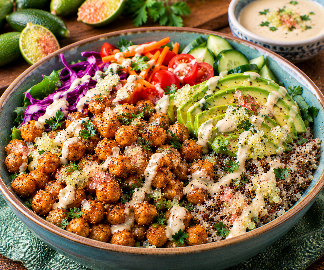 Crispy Chickpea and Avocado Bowls with Finger Lime Tahini Dressing