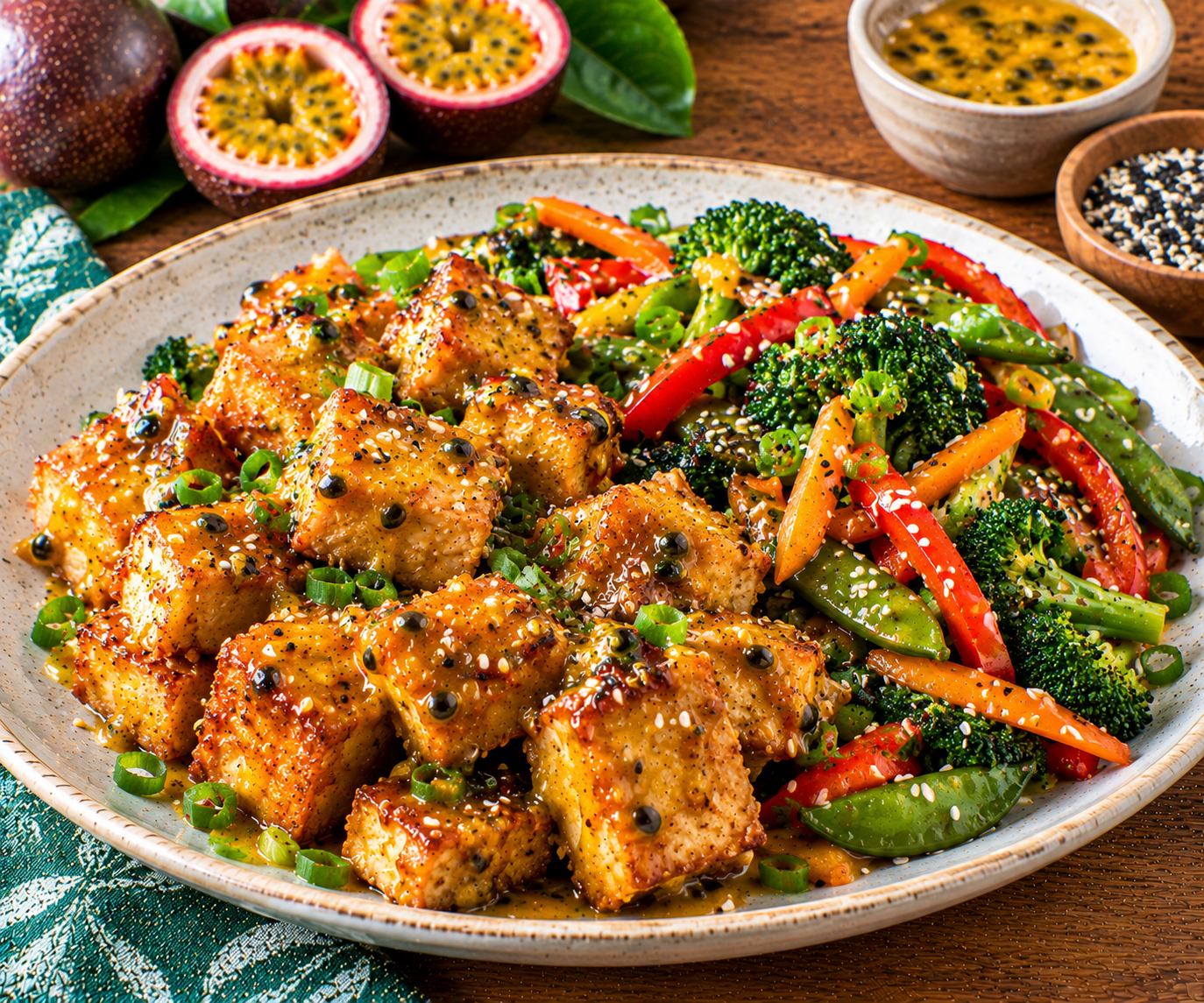 Crispy Passion Fruit Glazed Tofu with Sesame Vegetables