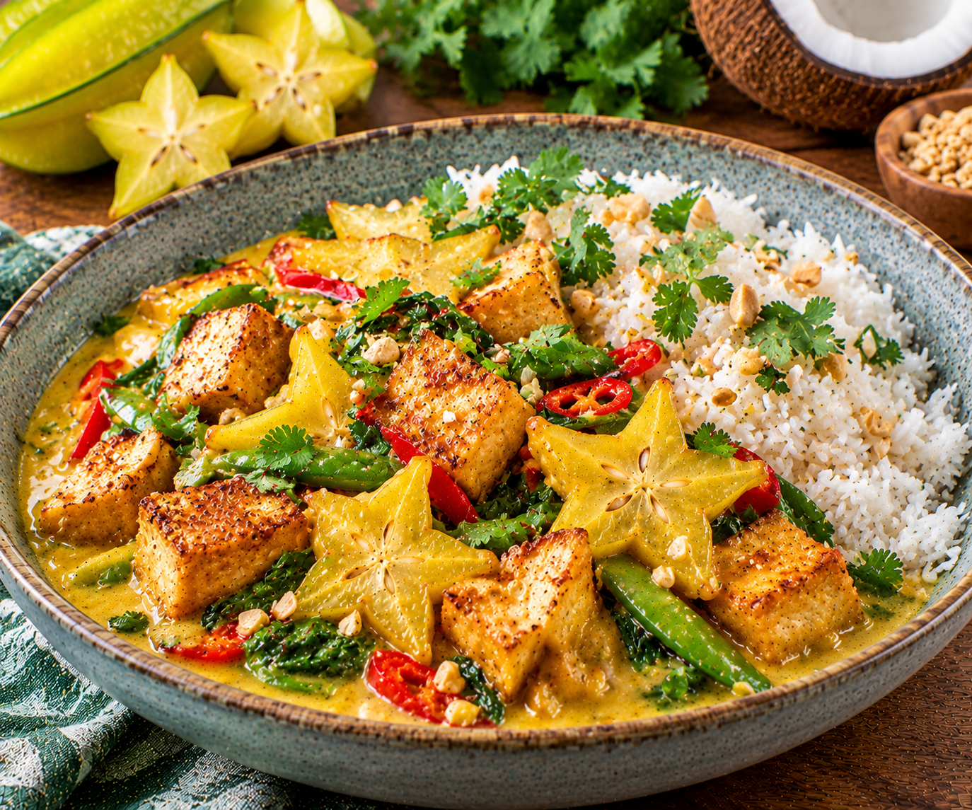 Crispy Tofu with Star Fruit Coconut Curry