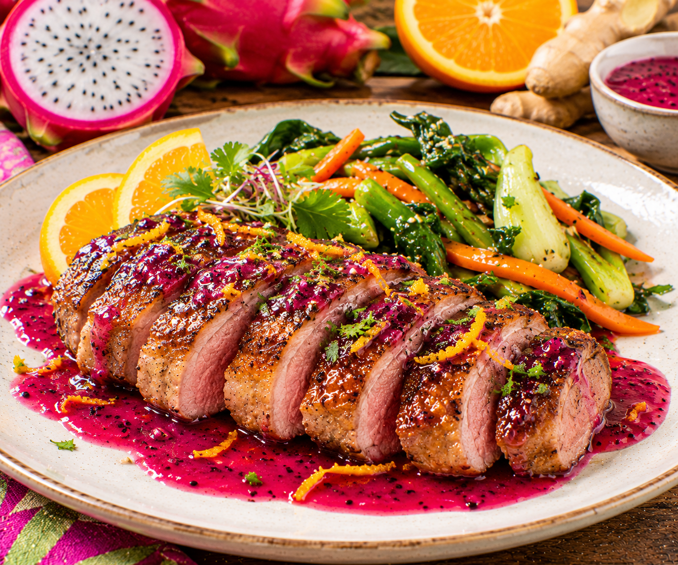 Dragonfruit-Glazed Duck Breast with Ginger-Orange Sauce