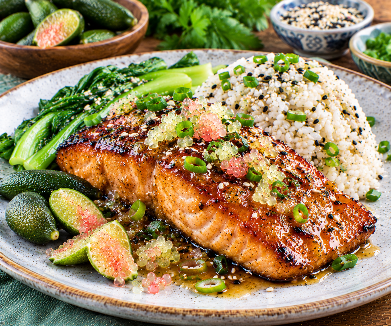 Finger Lime Miso-Glazed Salmon with Sesame Rice