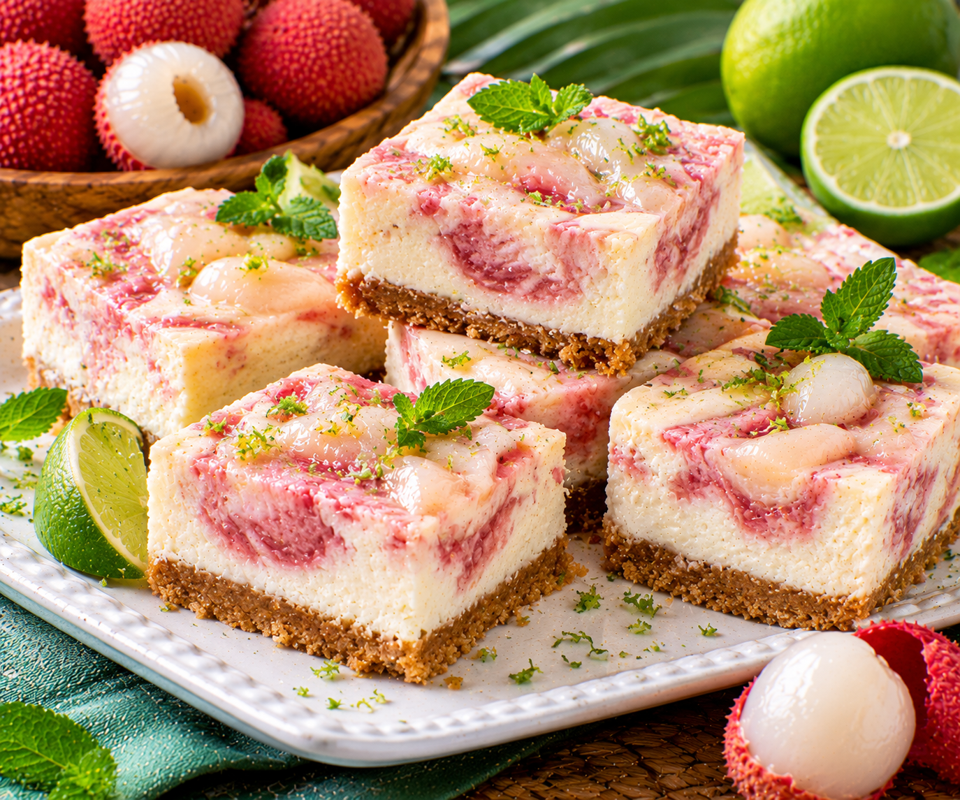 Lychee-Lime Cheesecake Bars with Fresh Lychee Swirl