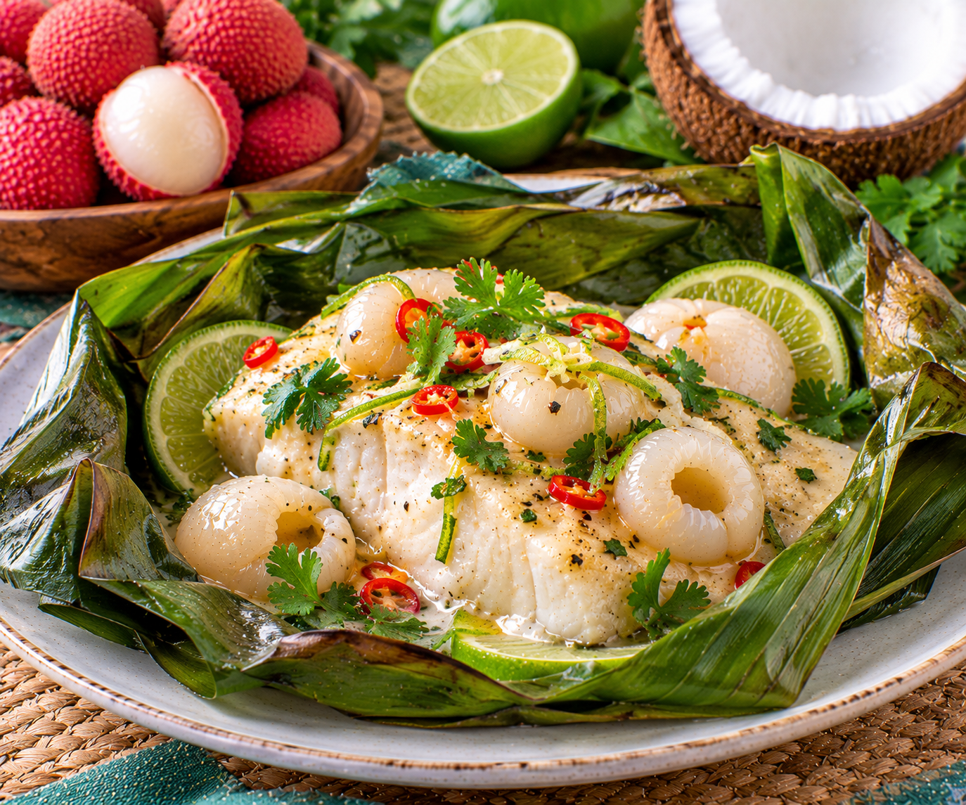Lychee and Lime Coconut Fish Parcels