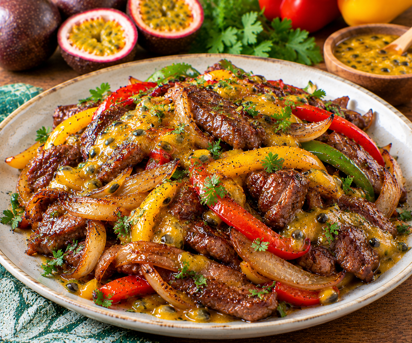 Passion Fruit Pepper Steak with Caramelized Onions