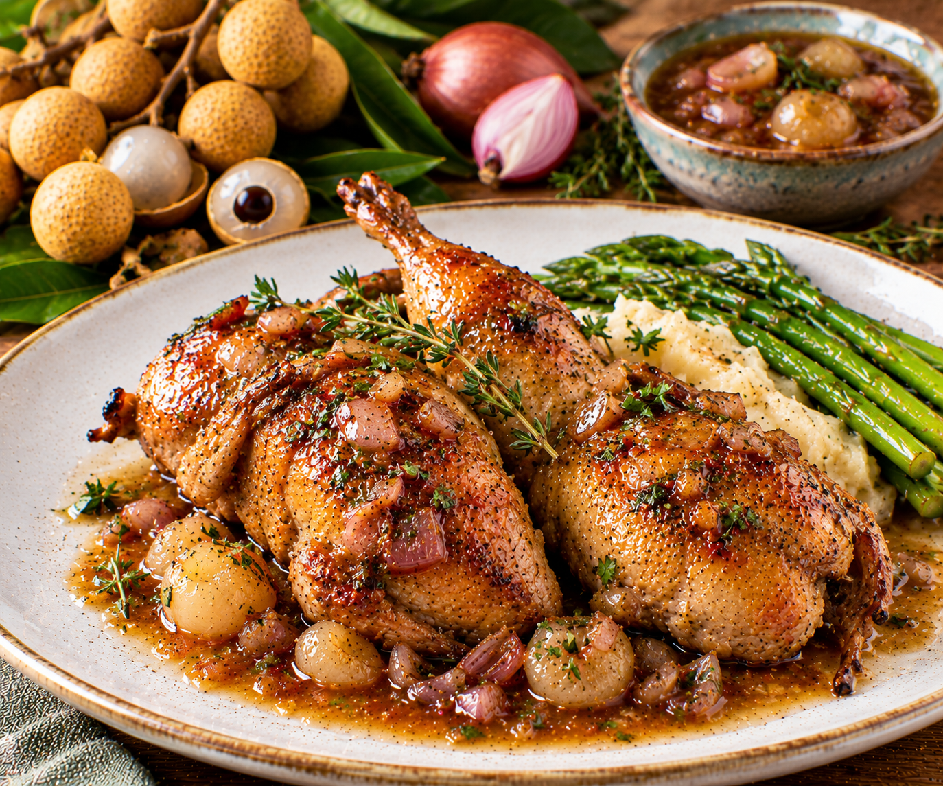 Roasted Quail with Longan-Shallot Reduction