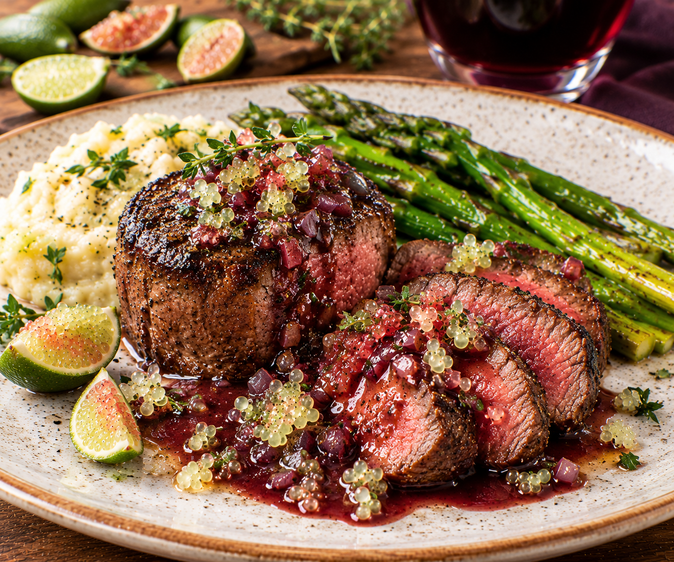 Seared Beef Tenderloin with Finger Lime Red Wine Shallot Sauce