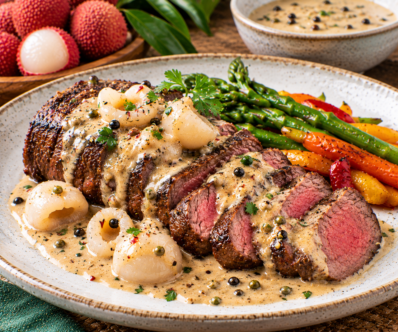 Seared Beef Tenderloin with Lychee-Peppercorn Sauce