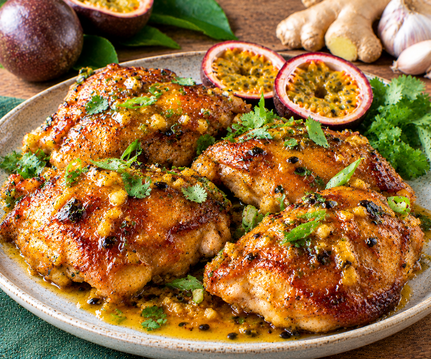 Sticky Passion Fruit Glazed Chicken Thighs with Ginger and Garlic