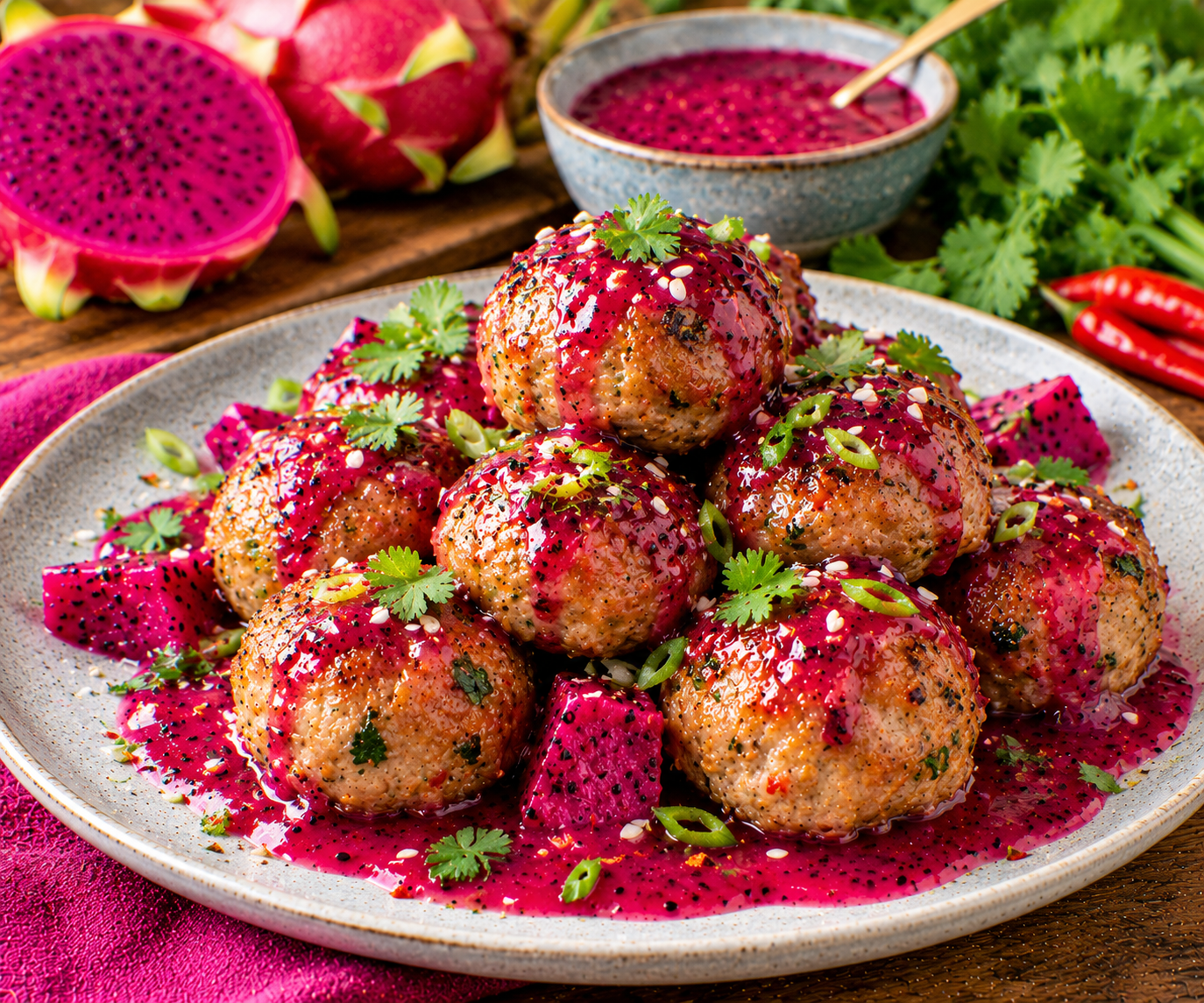 Turkey Meatballs with Sweet Chili Dragonfruit Sauce