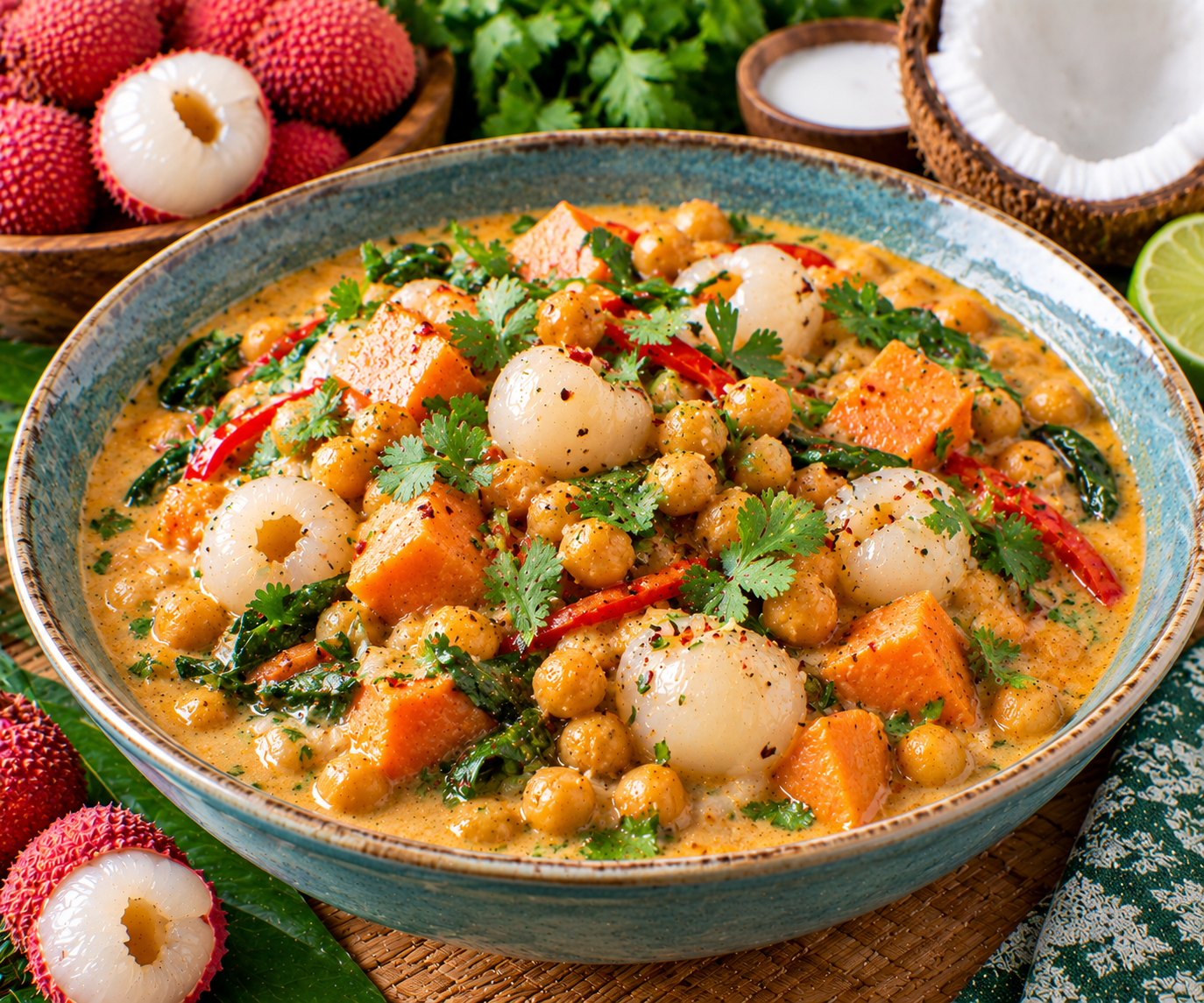 Vegan Lychee, Chickpea and Sweet Potato Coconut Stew