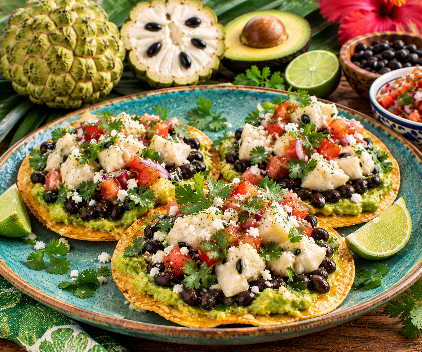 Sugar Apple, Avocado and Black Bean Tropical Tostadas