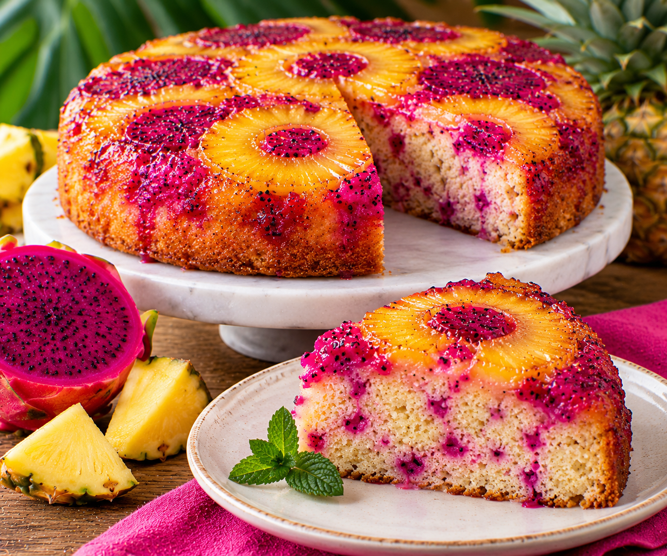 Dragonfruit-Pineapple Upside-Down Cake